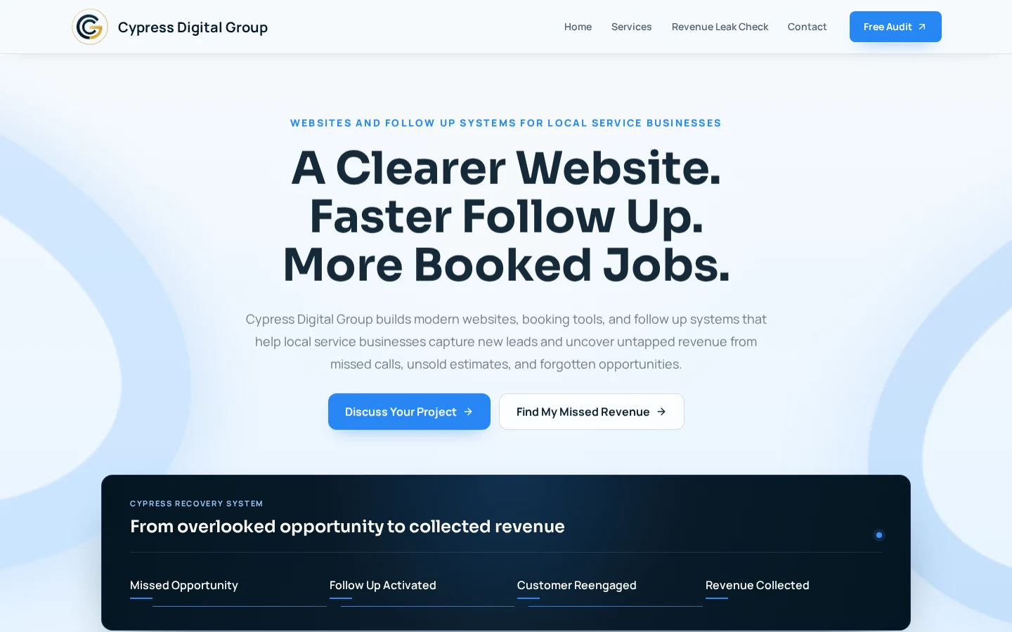 Cypress Digital Group homepage with service messaging and project discussion links