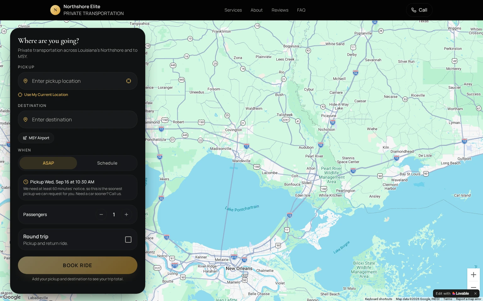 Live Northshore Elite Transportation homepage with the full Where are you going booking panel, Book Ride button, and regional map