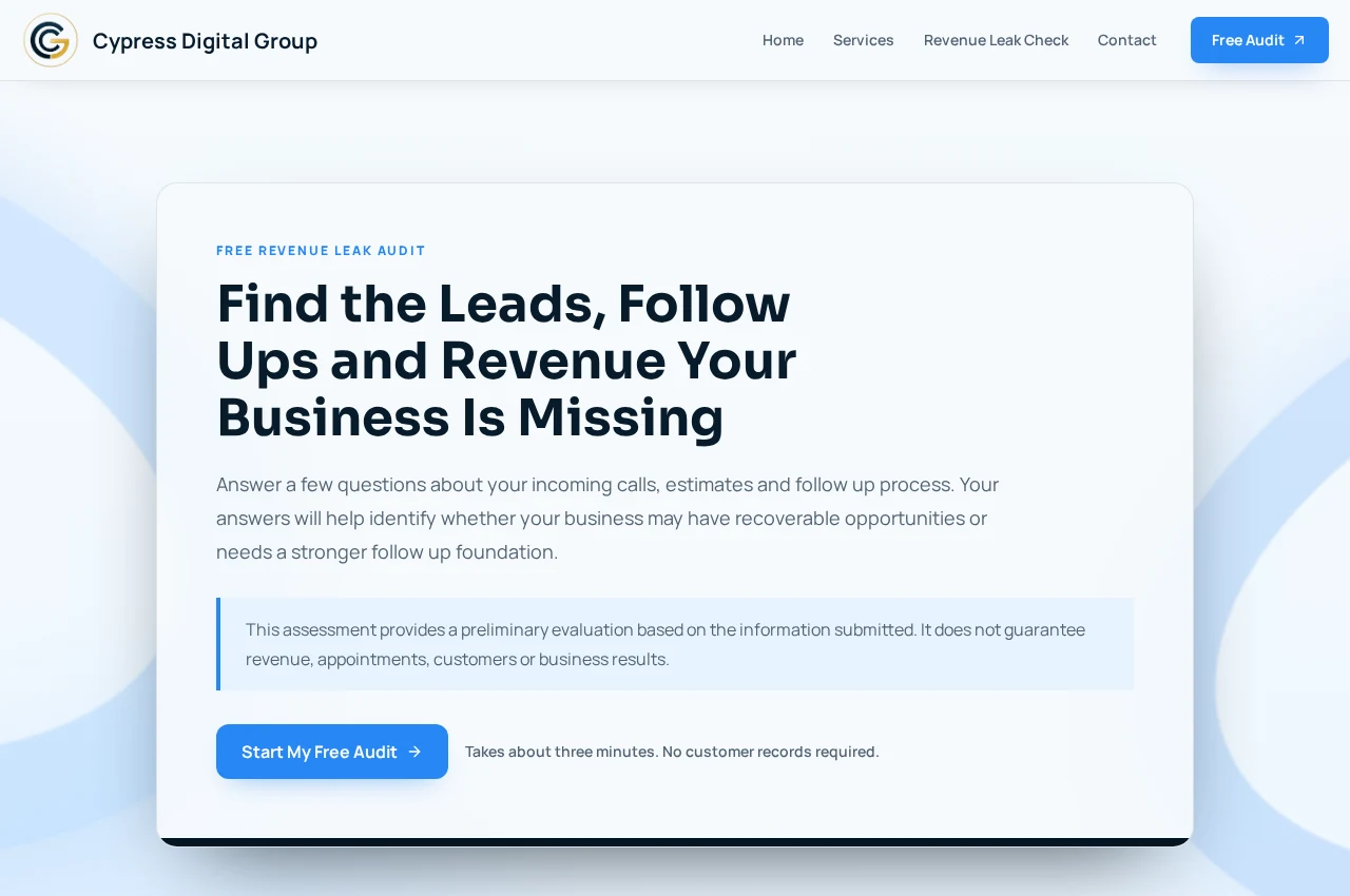 Cypress Revenue Leak Check start screen